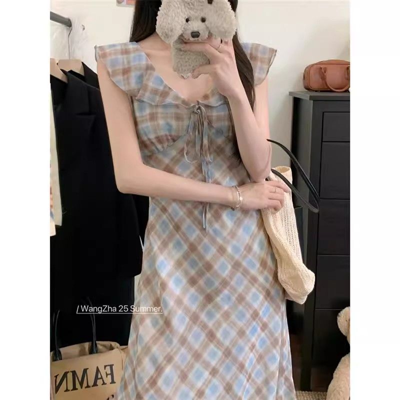2025夏季法式气质小飞袖A字长裙小众复古撞色格纹雪纺连衣裙女装|undefined