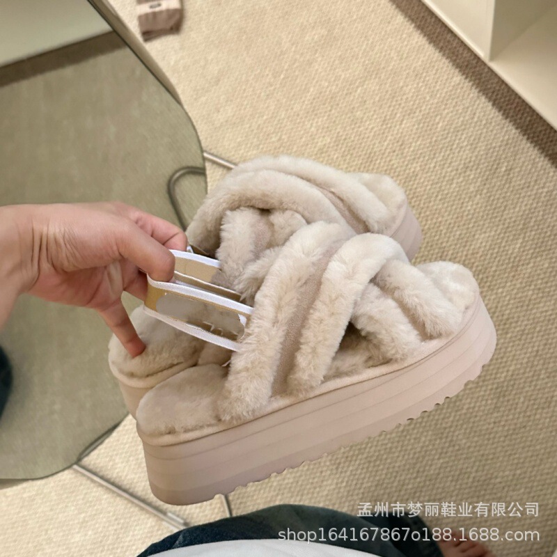 Winter Thick-Soled Interwoven Back-Strap Slippers for Women, Leather and Wool Integrated, Height-Increasing Genuine Leather Wool Warm Shoes, Outdoor Shoes for Snow