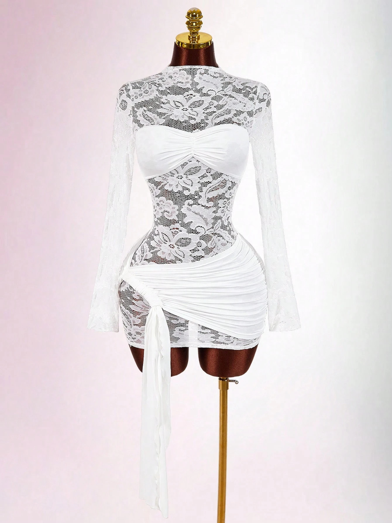 Sexy Lace Trimmed Mesh Fabric Round Neck Long Sleeved Slim Fit Pleated Tie Up Dress_ecoleips.com