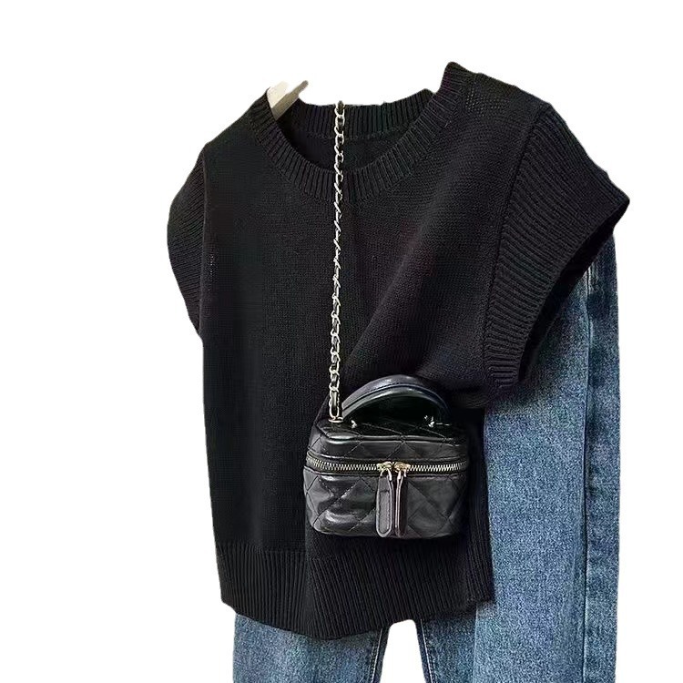 Prendas de punto sin mangas con hombros de color azul grisáceo, manga corta para mujer, sentido de diseño de primavera y verano, chaleco de nicho, camiseta de manga voladora pequeña, top image 5