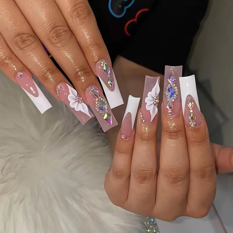 French nail three-dimensional floral false nail piece cross-border wear nail piece nail patch 24 pieces finished nail piece wholesale