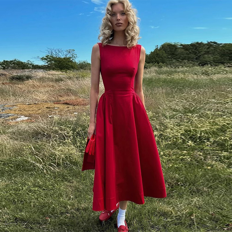 Spot 911 New Style 2025 Pure Cotton Round Neck Mid-Length Vest Dress Simple and Fashionable French Elegant Style