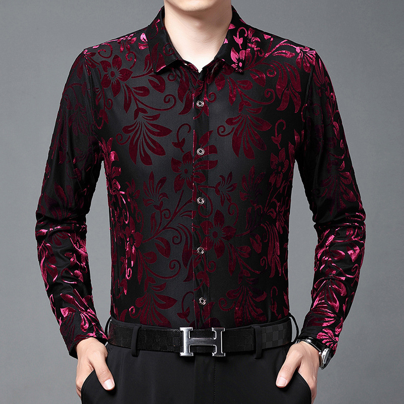 Middle-Aged Men's Long-Sleeved Floral Shirt, High-End Men's Clothing, Slightly Transparent, Sexy Velvet Shirt, Hollow-Out Thin Style, Dad's Clothing for Autumn