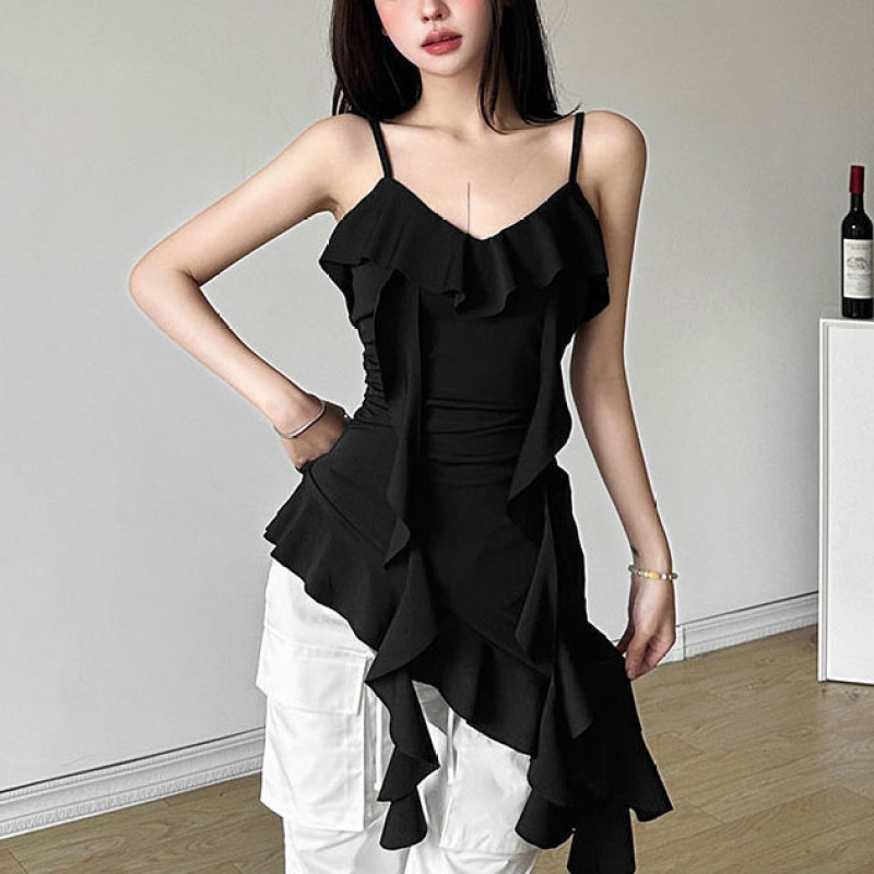 2026 New T-Shirt Pure and Sexy Girl Style Ruffle Patchwork Irregular Camisole Women's Slimming Sleeveless Short Top 2026 New T-Shirt Pure and Sexy Girl Style Ruffle Patchwork Irregular Camisole Women's Slimming Sleeveless Short Top