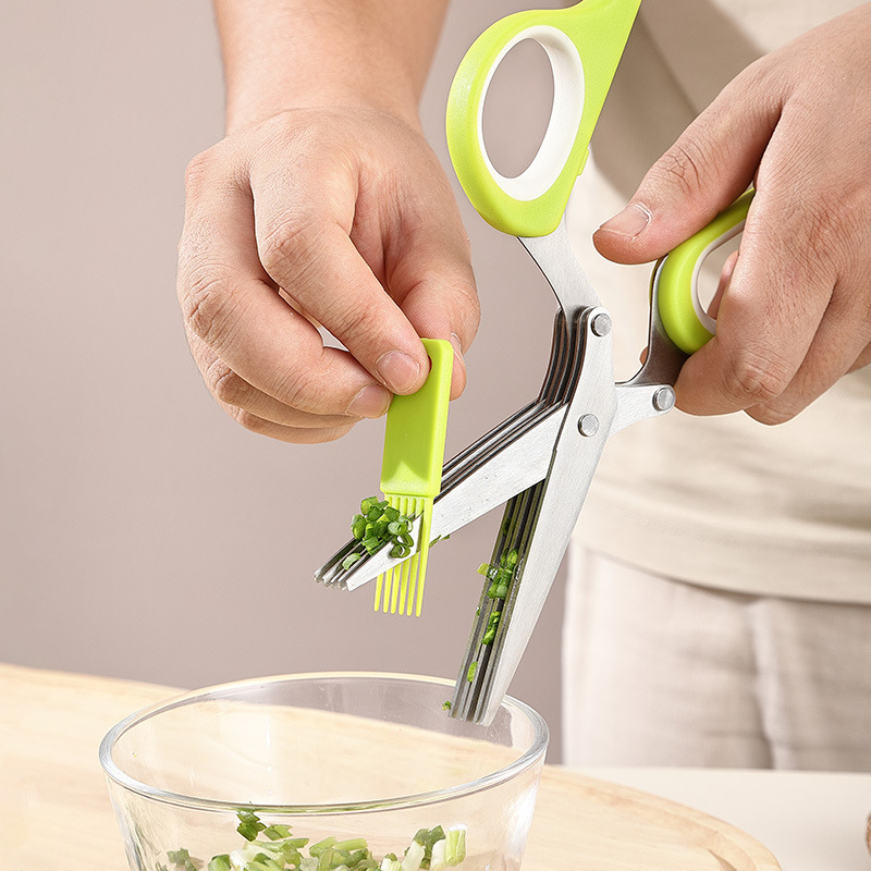 Cocina de cinco capas tijeras de cebolla de acero inoxidable multifuncional papel triturado picado artefacto de colia, cebolla de ciento, cuchillo de cebolla multicapa