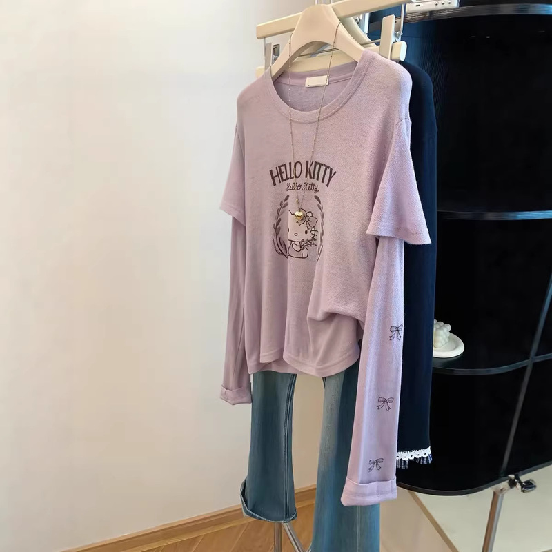 Cross-Border Plus Size 120kg Pink-Purple Hello Kitty Casual Fake Two-Piece Long-Sleeve T-Shirt Women's Summer New Style Loose Fit Cross-Border Plus Size 120kg Pink-Purple Hello Kitty Casual Fake Two-Piece Long-Sleeve T-Shirt Women's Summer New Style Loose Fit