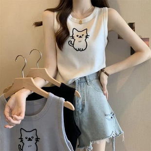 Plus Size Women's Fat Summer New Style National Style Printed Outer Wear Sleeveless Vest Suspender Cartoon Printed Top