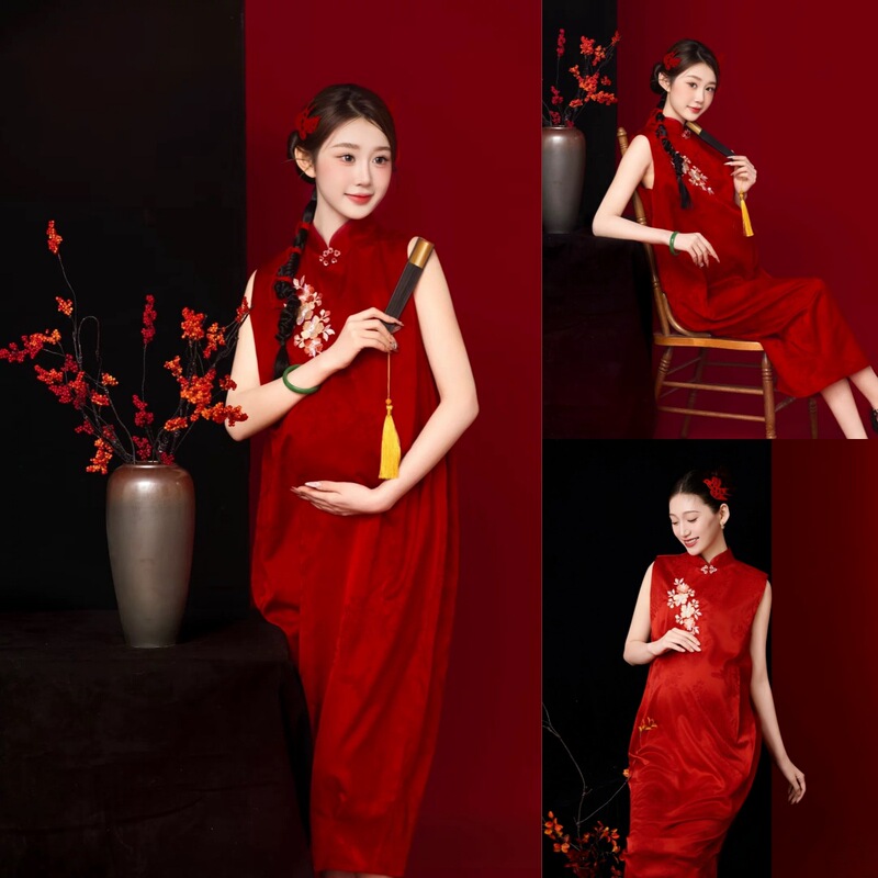 New Maternity Wear, New Chinese-Style Red Dress, Pregnant Mommy's National Style Dress, Theme Photo Studio Photography, Art Photo Shoot New Maternity Wear, New Chinese-Style Red Dress, Pregnant Mommy's National Style Dress, Theme Photo Studio Photography, Art Photo Shoot
