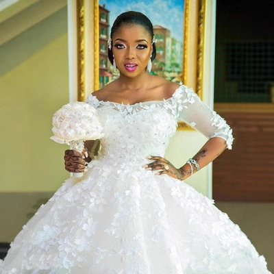 外贸欧美婚纱新娘结婚礼服女孕妇公主结婚大码拖尾一字肩中袖婚纱