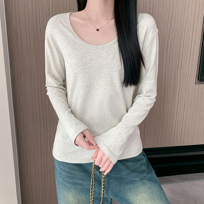 Simple Spring Autumn Thread Women's Inner Base Shirt Korean Style Large U-Collar All-Match Loose Long-Sleeved T-Shirt Women's Cotton