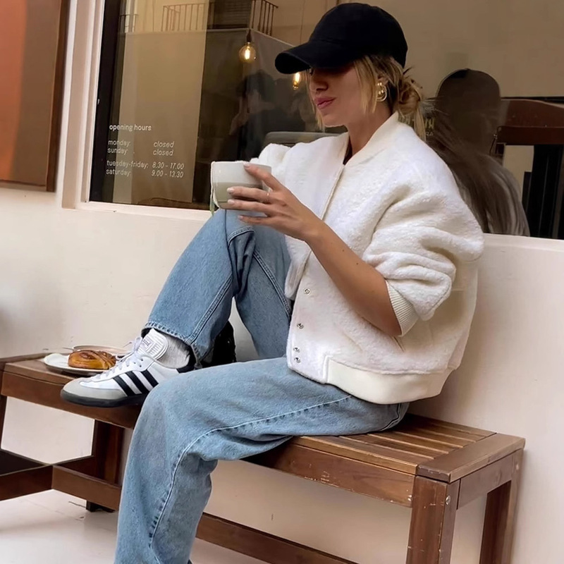 Za Cross-Border Women's Clothing Wholesale European and American Style New Round Neck Hidden Button Fashion Versatile Teddy Velvet High-End Jacket