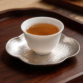 纯锡手工锤纹花口茶则 日式茶道分茶器复古金属茶荷茶具配件