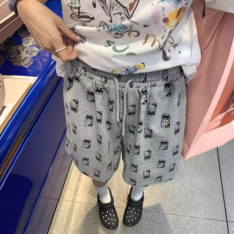 Casual Sports Shorts Women's Summer Thin Loose Kitty Cat Print Staggered Waist Outer Wear Home Wear Triple Pants Casual Sports Shorts Women's Summer Thin Loose Kitty Cat Print Staggered Waist Outer Wear Home Wear Triple Pants