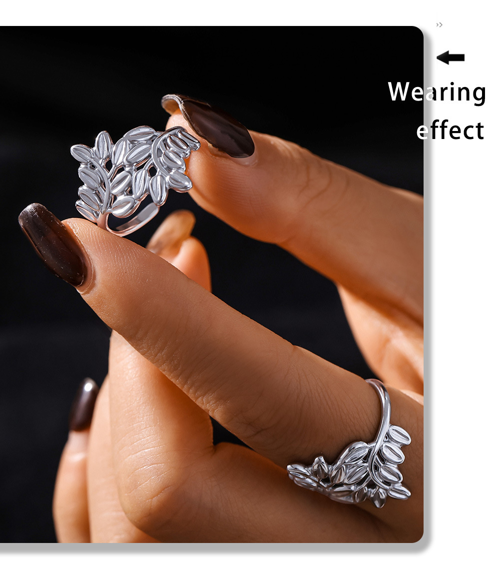 Anello aperto in acciaio inossidabile con linea cava, alla moda, non sbiadisce, bracciale con anello da donna con foglia di temperamento_voghion.com