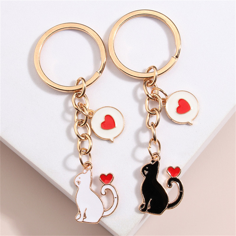 Cartoon Creative Cat Keychain Couple Cute White Cat Black Cat Keyring Hanging Distinctive Love Bag Pendant