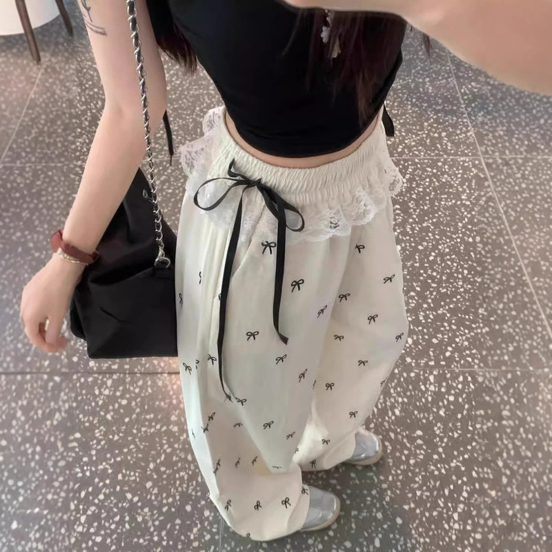 American High-Waisted Straight Pants with Bow Lace Splicing Casual Women's Pants Elastic Waist Loose Wide-Leg Pants Cross-Border Supply