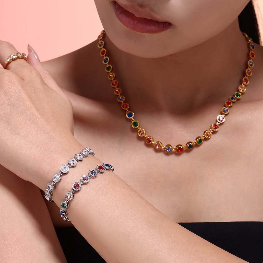 New cross-border titanium steel full diamond 3A zircon mixed color bracelet PVD vacuum electroplating non-fading necklace jewelry set