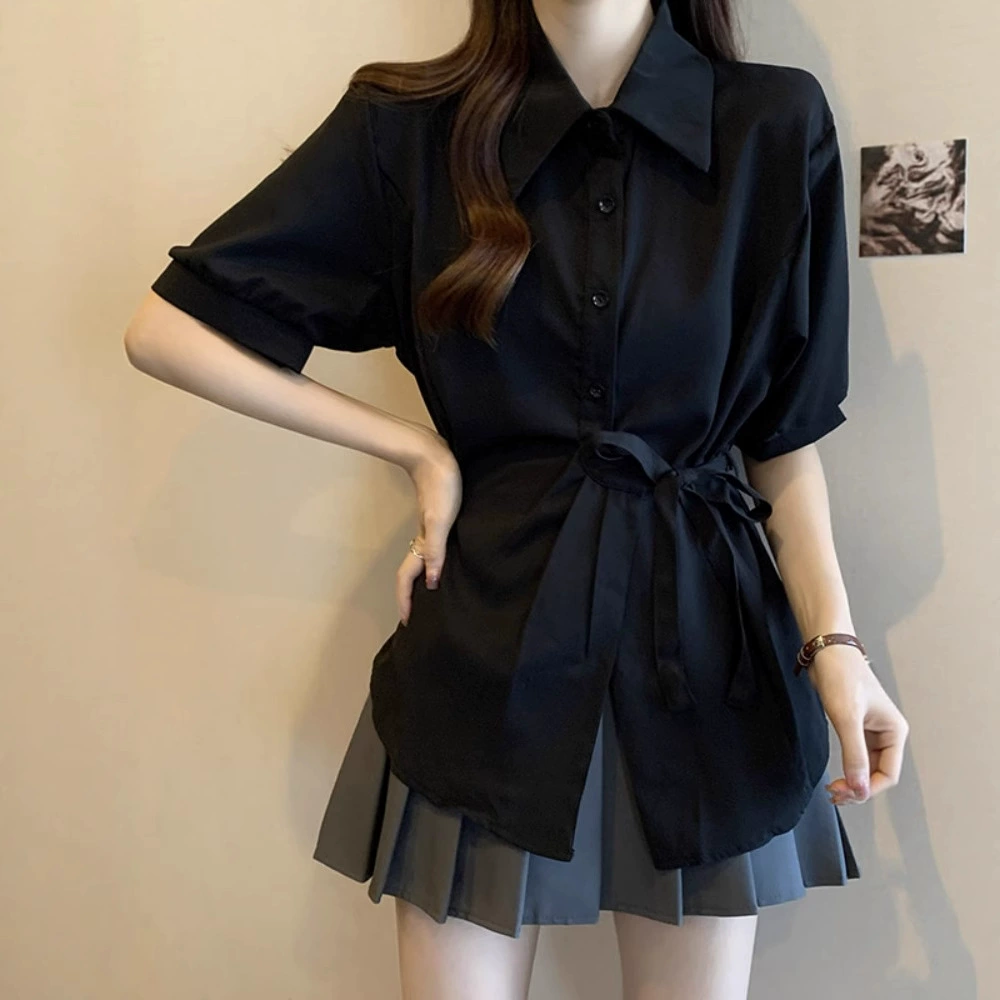 Черная шифоновая рубашка с короткими рукавами и французской талией больших размеров для женщин летом, ощущение полного мм, шикарный и красивый топ, закрывающий живот