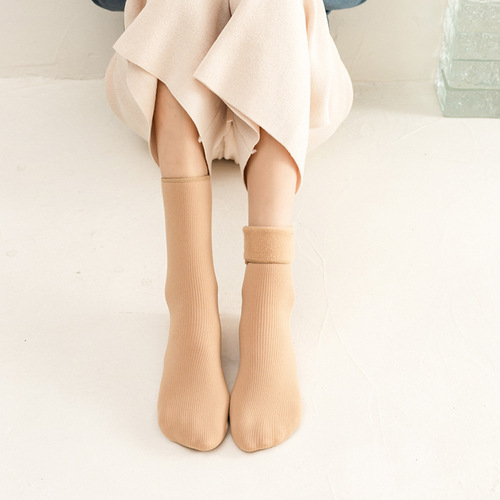 Socks for women in autumn and winter, vertical striped imitation cashmere snow socks, plus velvet, thickening, warm sleeping mid-calf socks, versatile floor socks