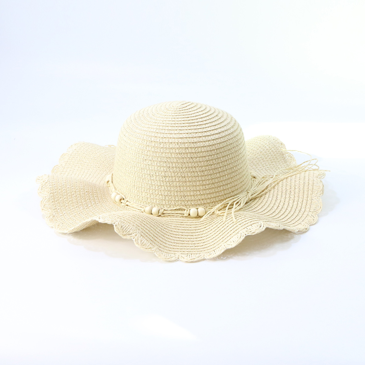 Fashion Wide Brim Sunshade Wooden Bead Lace Wave Straw Hat display picture 7