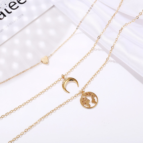 C192 AliExpress Moon Geometric Circle Map Necklace Fashionable Simple Heart Women's Multi-Layered Alloy Clavicle Necklace