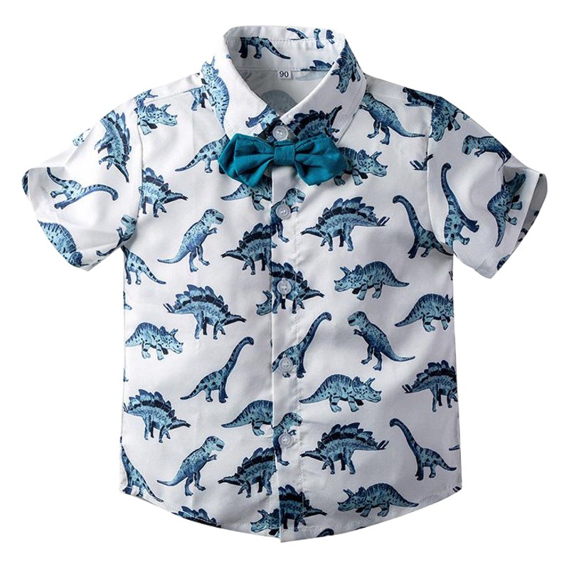 Camisa de verano para niños 2020 nuevo estilo coreano para niños transfronterizo de manga corta Caballero pajarita dibujos animados dinosaurio camisa casual