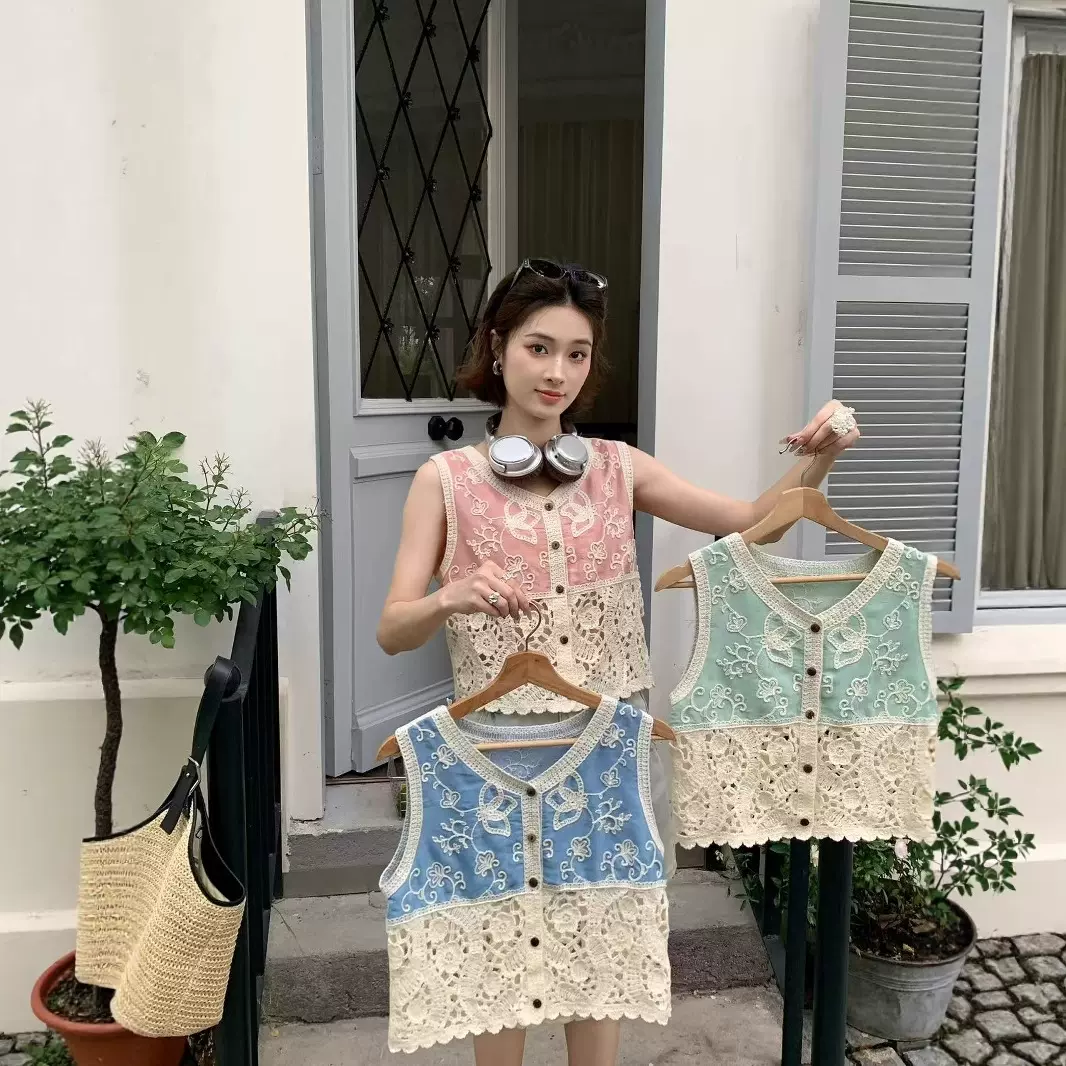 重工钩花刺绣牛仔背心马甲女春秋设计感甜美减龄坎肩叠穿外套上衣