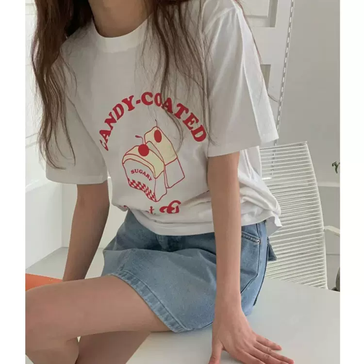 夏季重磅白色纯棉短袖t恤女韩版慵懒风洋气百搭卡通印花体恤上衣