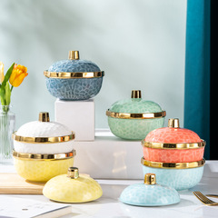 金邊燉盅帶蓋蒸蛋碗泡麵碗護邊碗創意家用隔水燉高檔輕奢陶瓷餐具