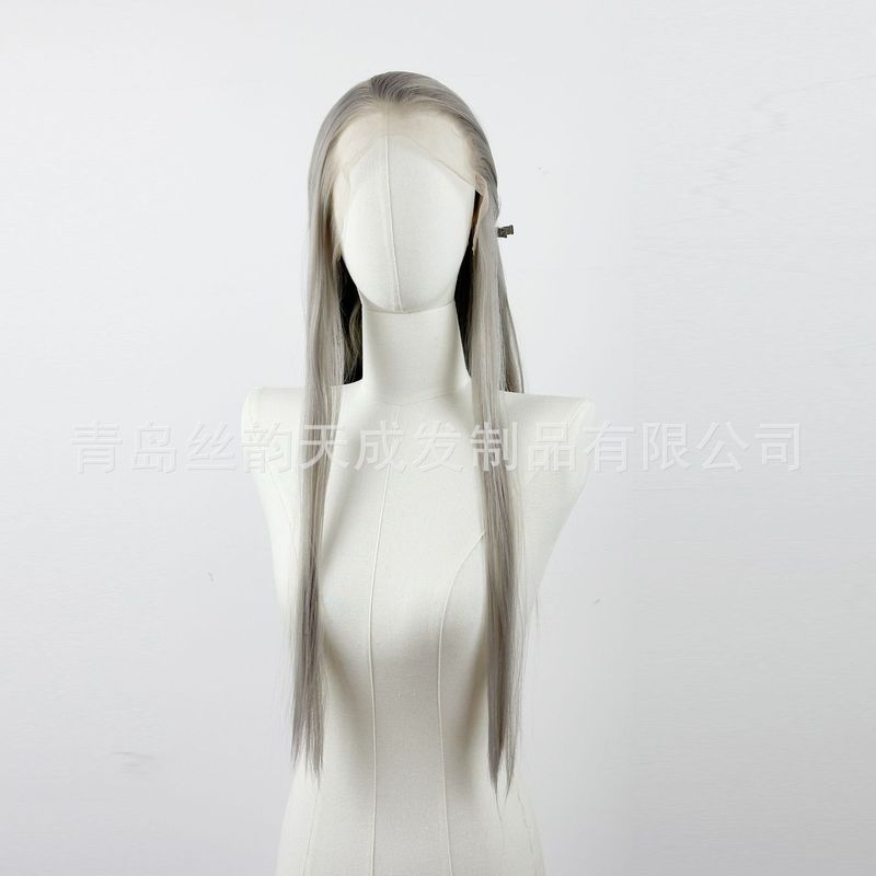 跨境新品13x4大蕾丝假发三尖高层次中长发鲻鱼头银灰色美人尖|undefined