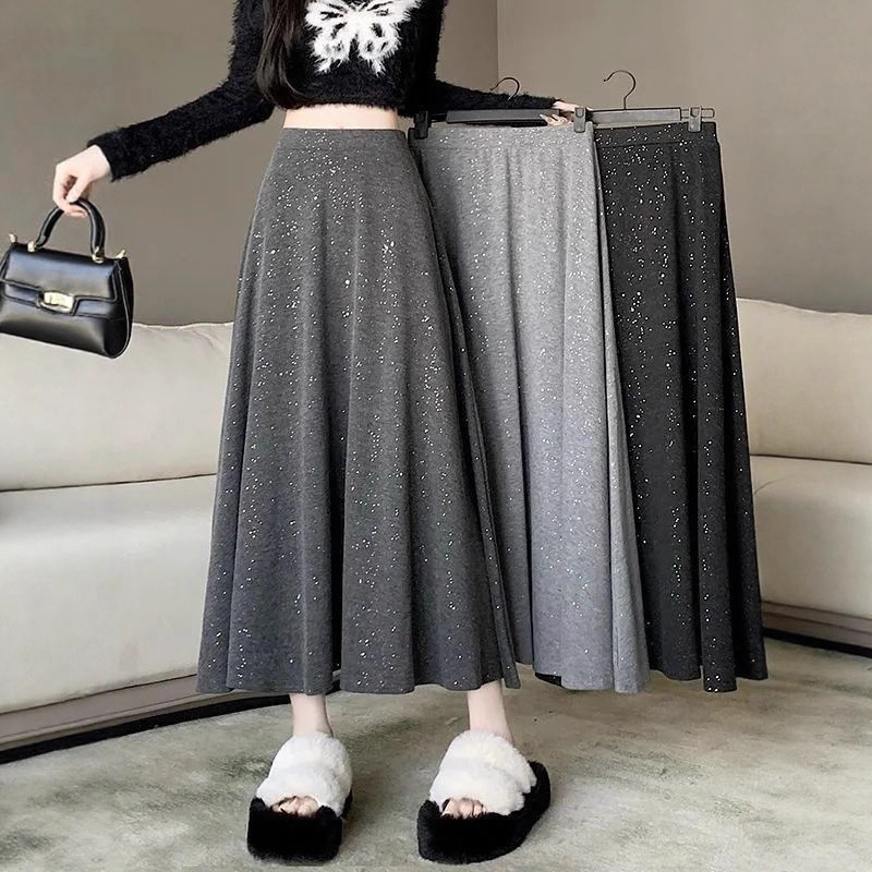 Gray Sequined Skirt for Women, New Spring and Autumn Style, Petite, Drapey A-Line Skirt, High-Waisted, Slimming, Mid-Length Umbrella Skirt