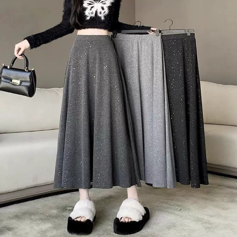 灰色亮片半身裙女春秋新款小个子垂感a字裙高腰显瘦中长伞裙
