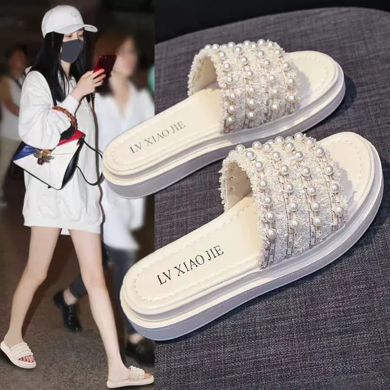 Тапочки Женские пляжные сандалии и тапочки в западном стиле В ароматном стиле на наряд 2023 Новые летние популярные в Интернете жемчужные прямые Тапочки