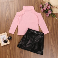 European and American girls' suits new 2022 spring and autumn off-the-shoulder long-sleeved knitted sweaters short leather skirts foreign trade cross-border children's clothing wholesale