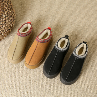 Foreign Trade Snow Boots for Women 2024 Winter New Style Fleece-Lined Warm Thick Soles Without Heel Baotou Furry Half Slippers Cotton Shoes