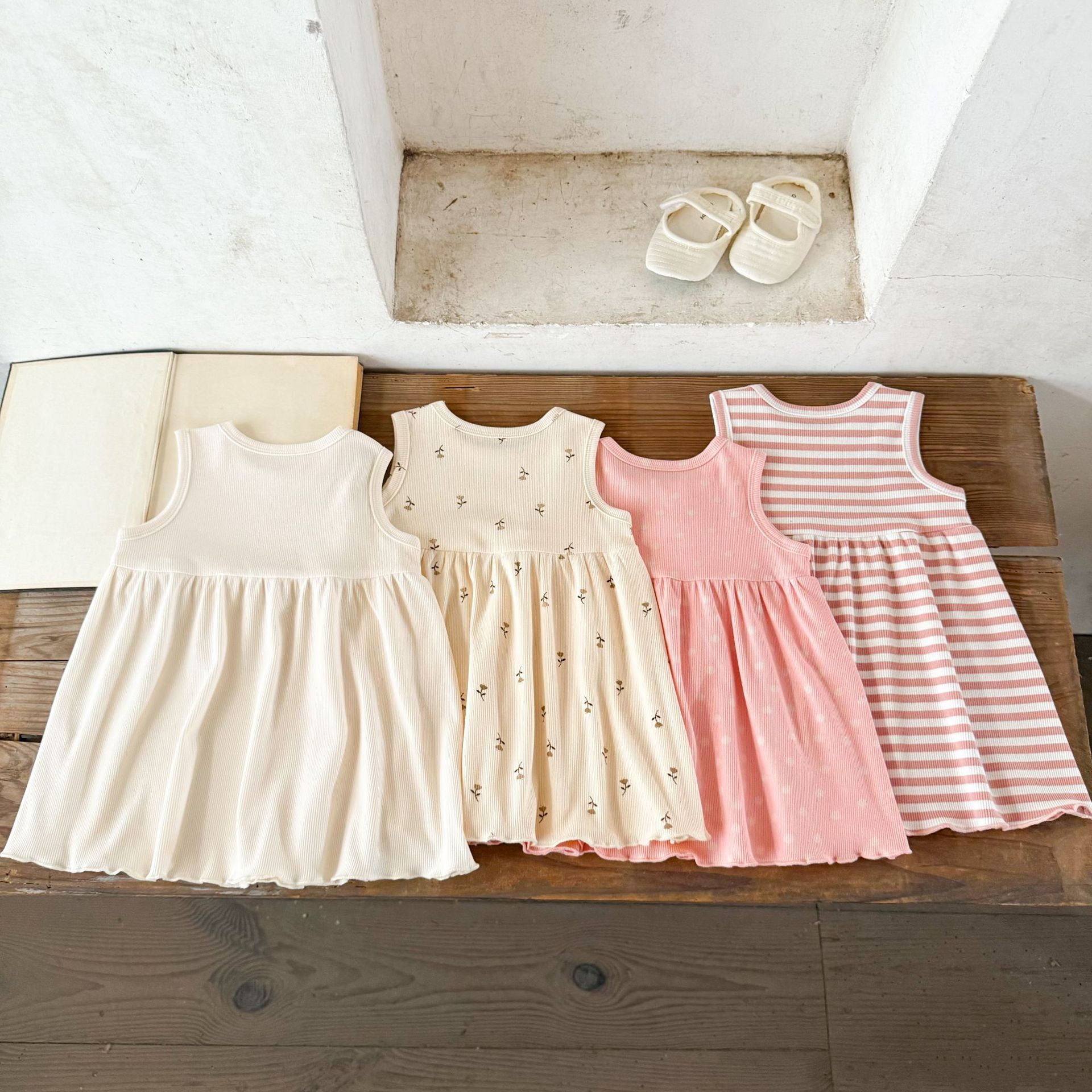 Ins niña bebé verano suave suelto lunares chaleco a rayas falda bebé bebé vestido transpirable de algodón puro