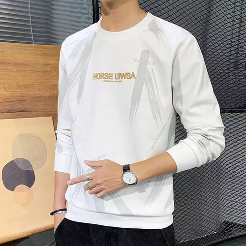 New men's spring and autumn versatile long-sleeved t-shirt crew neck casual base shirt loose printed fashion top