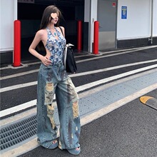 复古做旧破洞直筒牛仔裤女夏季显瘦辣妹阔腿裤子休闲高腰拖地长裤