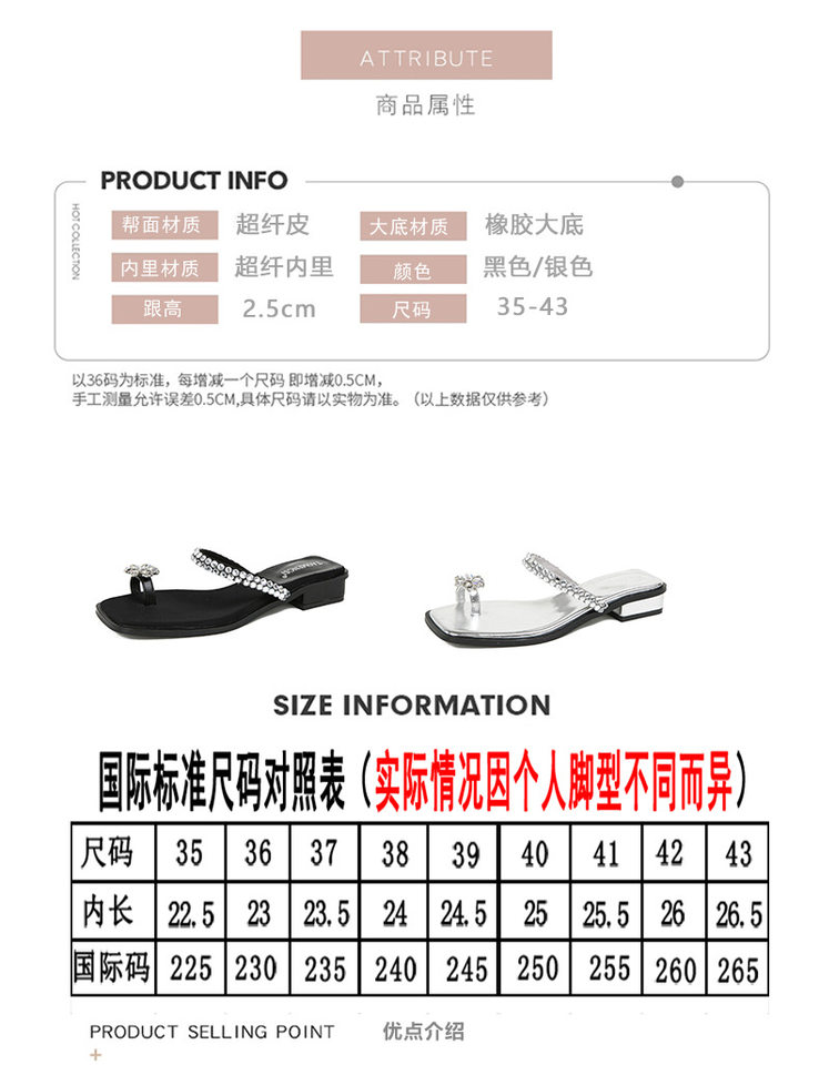 Dép sandal nữ mũi vuông đính đá, quai ngang bít mũi, đế bằng, đi ngoài trời mùa hè — Màu đen chi tiết 7