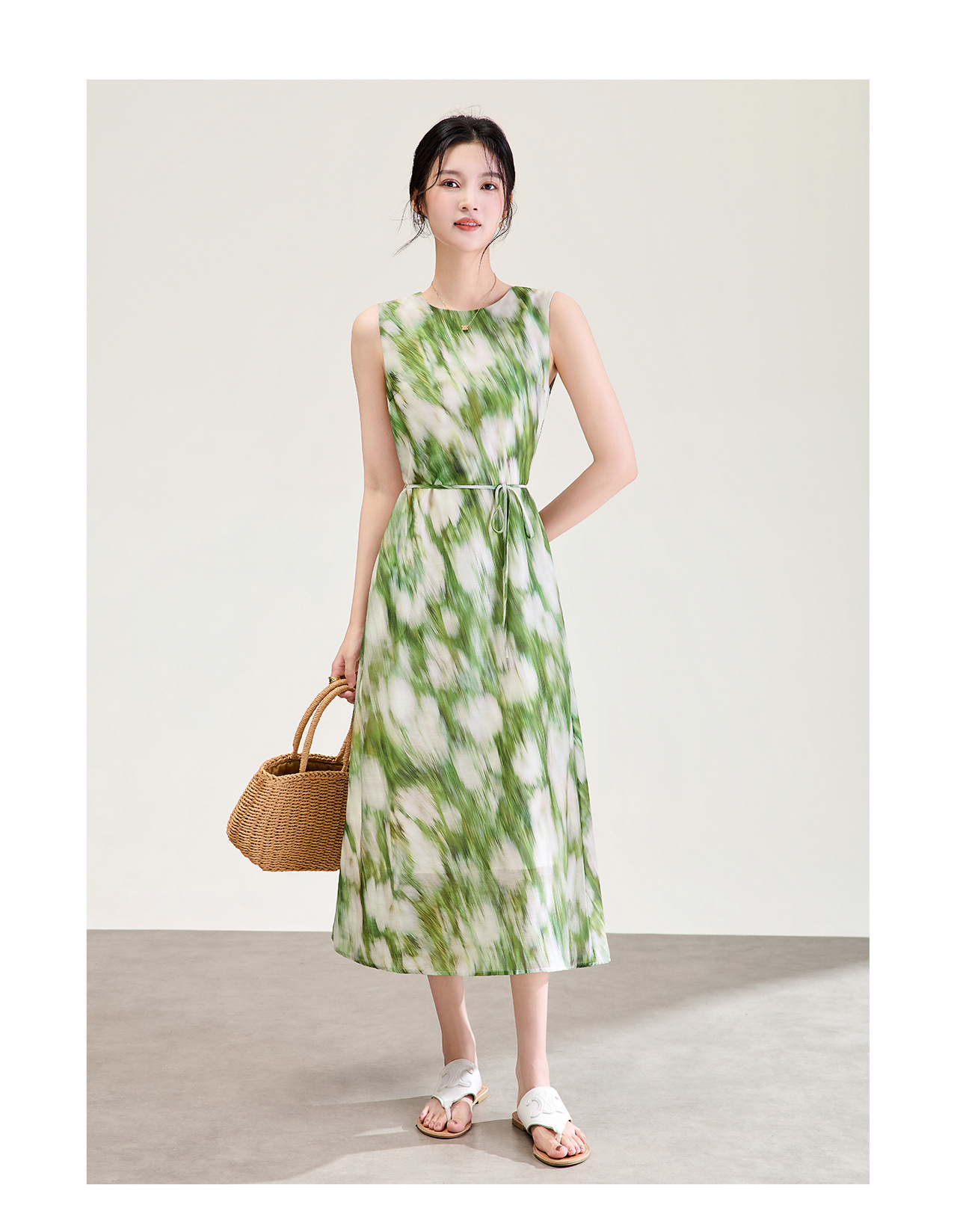 Đầm maxi nữ họa tiết mực nhuộm thắt eo phong cách nghỉ dưỡng — xanh lá cây chi tiết 12