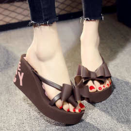 love juicy坡跟人字拖女8cm蝴蝶结防滑凉拖wedge sandals跨境代发