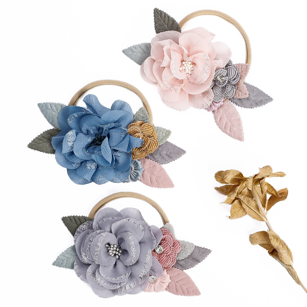 Accessori per capelli per bambini europei e americani, corda per la testa del bambino in nylon senza cuciture, combinazione di cuciture creative, cintura per capelli fini a forma di fiore, anello per capelli del bambino_voghion.com
