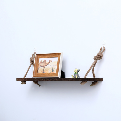 5ZV7 punch-free solid wood wall storage rack simple hemp rope one-word partition wall hanging storage decoration comes with traceless nails