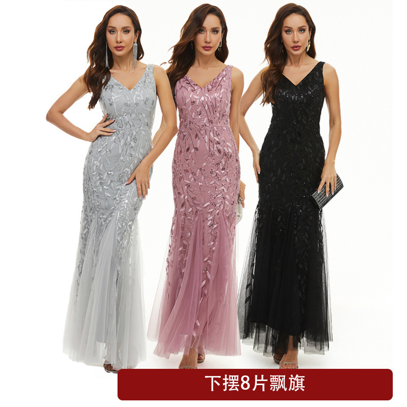 Embroidered sequined dress banquet light luxury dress sexy sleeveless slim mesh fishtail dress bridesmaid dress 102