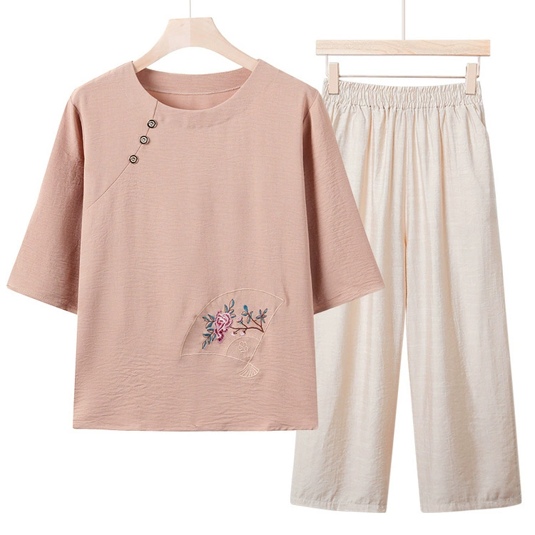 Мама среднего возраста Летний модный костюм женский средний и пожилой летний свободный короткий рукав вышитая футболка топ из двух частей