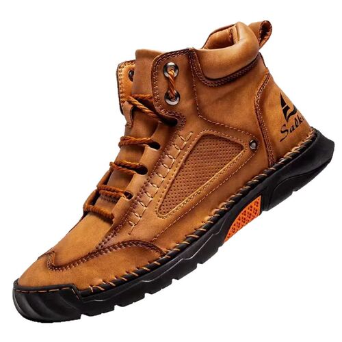 Autumn and winter plus-size men's leather boots, fashionable handmade stitched men's boots, outdoor lace-up mid-top casual men's shoes