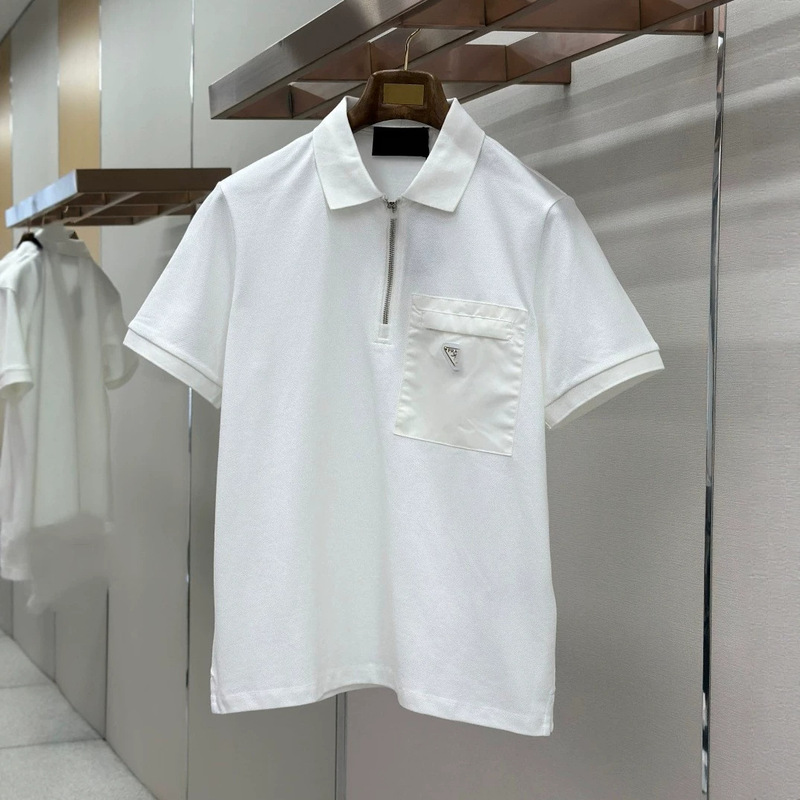 In-Stock High-Quality P Brand Polo Shirt, Same Style as Internet Celebrities, with Half-Zip Pocket, Triangle Logo, Breathable Pique Cotton, and Turn-Down Collar In-Stock High-Quality P Brand Polo Shirt, Same Style as Internet Celebrities, with Half-Zip Pocket, Triangle Logo, Breathable Pique Cotton, and Turn-Down Collar