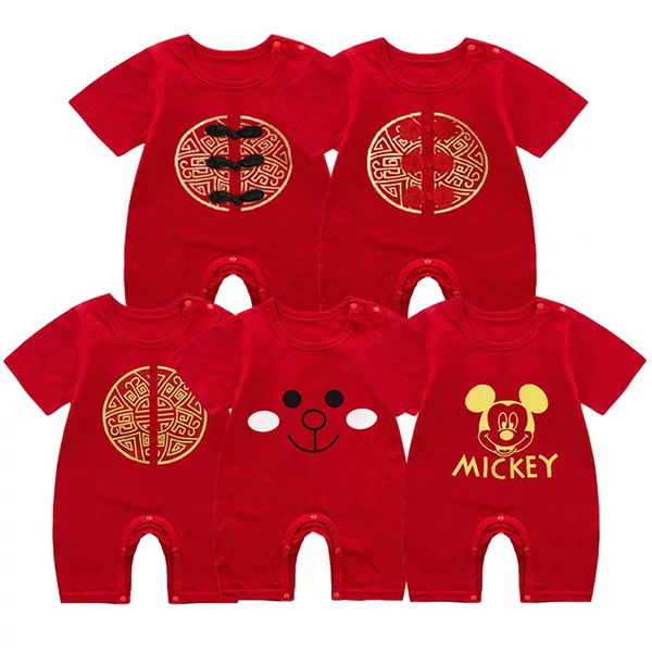 Baby Jumpsuit Summer Thin Baby 100-Day Full Moon Red Robe Short-Sleeved Coveralls Newborn Short Crawl Suit