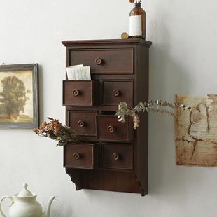 Retro Solid Wood Wall Cabinet Living Room Wall Entrance Wall Cabinet Decoration American Storage Wall-Mounted Drawer Cabinet Second-Hand
