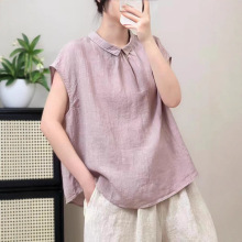 古咖服饰砂洗亚麻娃娃领衬衫女装气质飞袖纯色后开扣衬衣宽松上衣